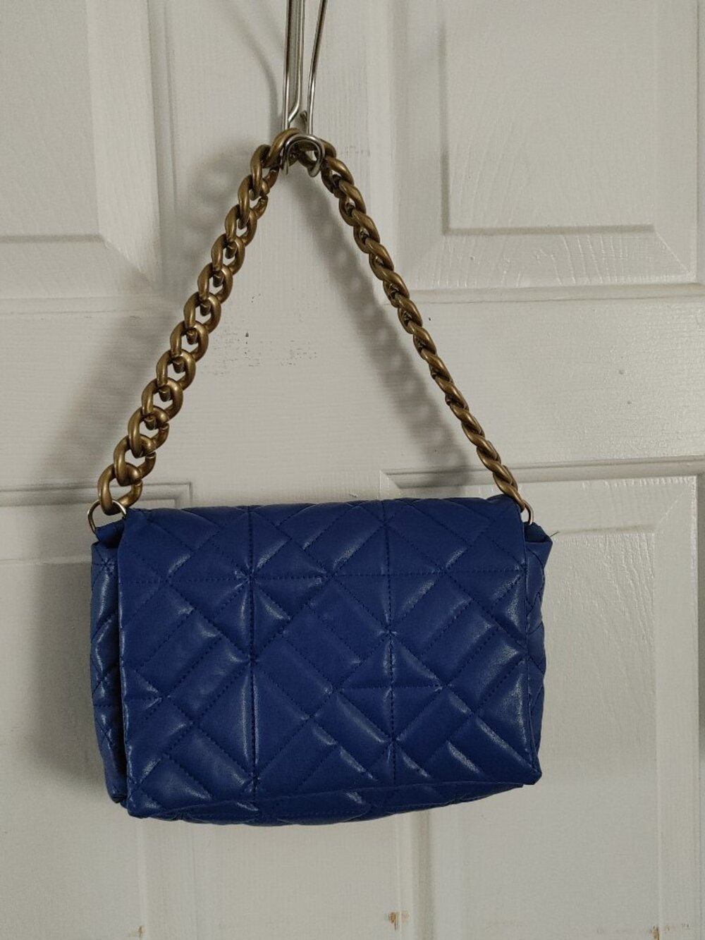 Quilted Mini Structured Top Flap-Style Bag Purse Gold Chunky Chain Royal Blue